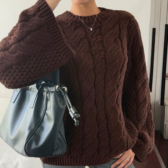 Brown Casual Women's Hemp Pattern Round Collar Wide Sleeve Long Sleeve Sweater - Picture 1 of 8